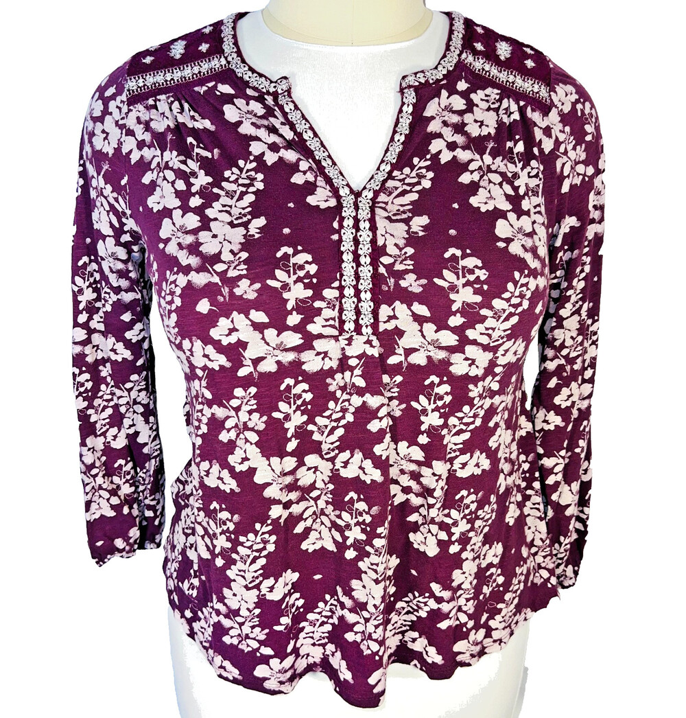 Lucky Brand Blouse Womens 1X Cottage Floral V-Neck Peasant Long Sleeve